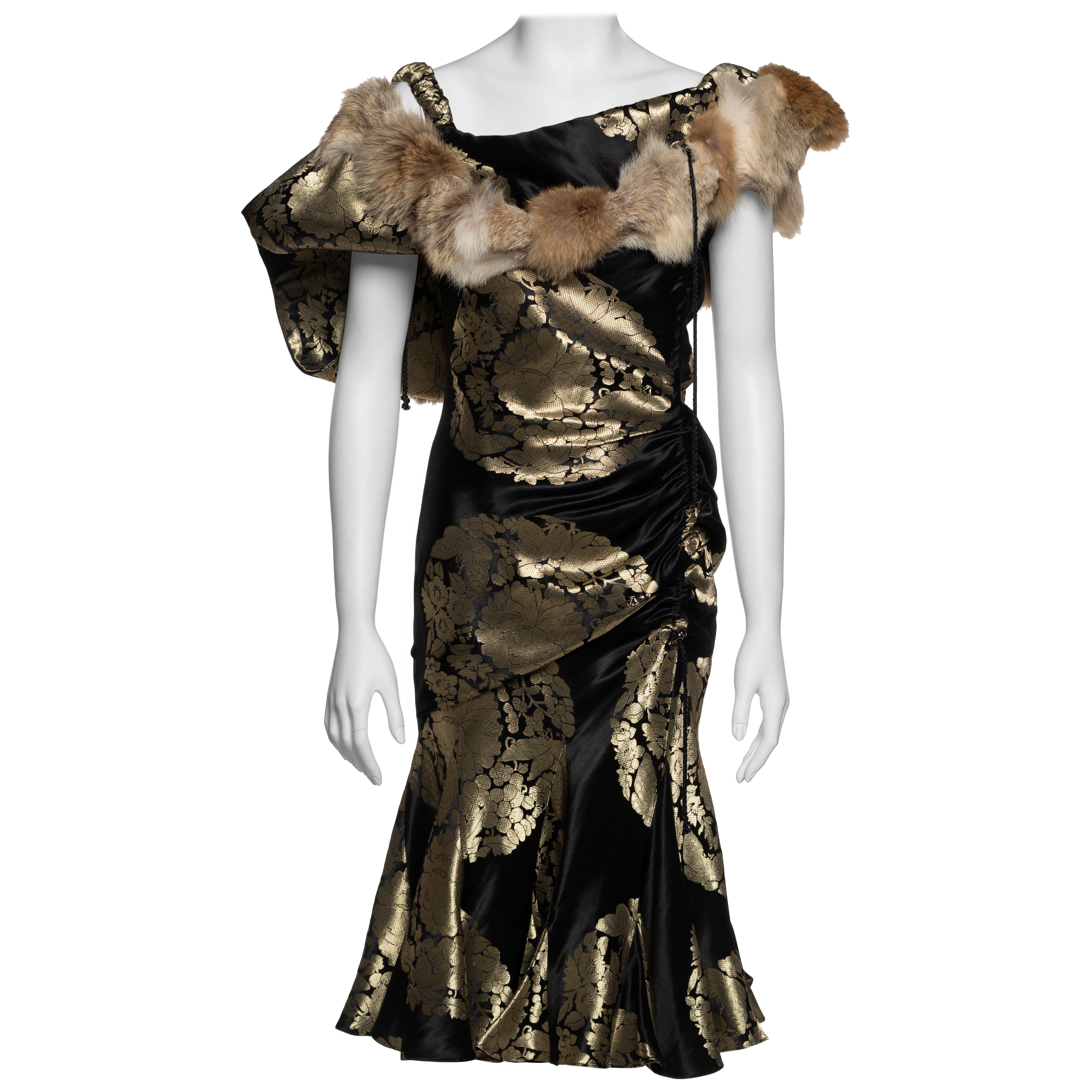 John Galliano Black and Gold Silk Brocade Dress with Coyote Fur, FW 2002