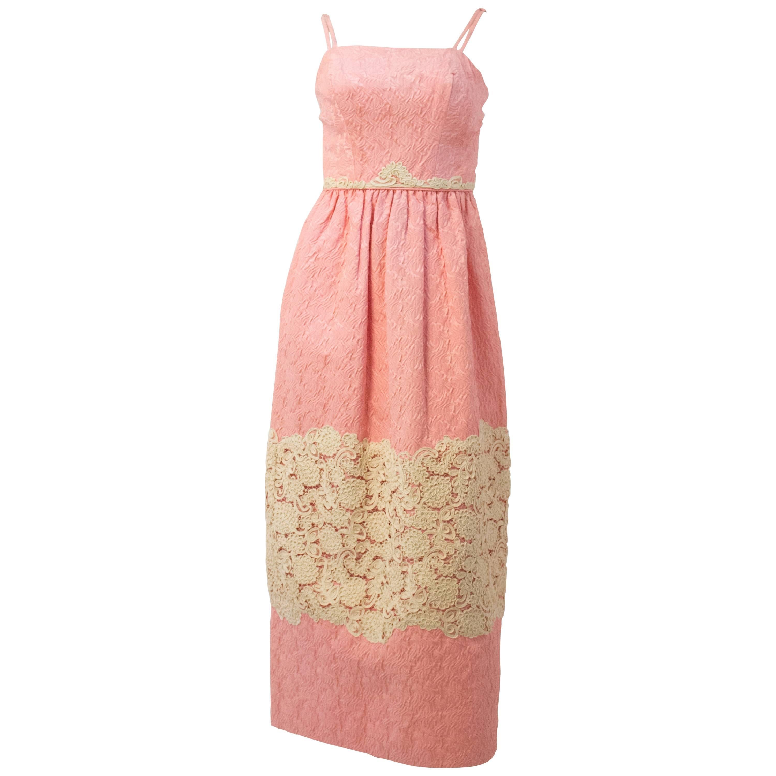 60s Pink Column Dress w/ Lace Applique For Sale