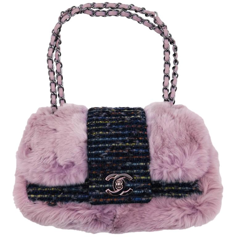 Chanel Tweed Fur Purple Single Flap For Sale at 1stdibs