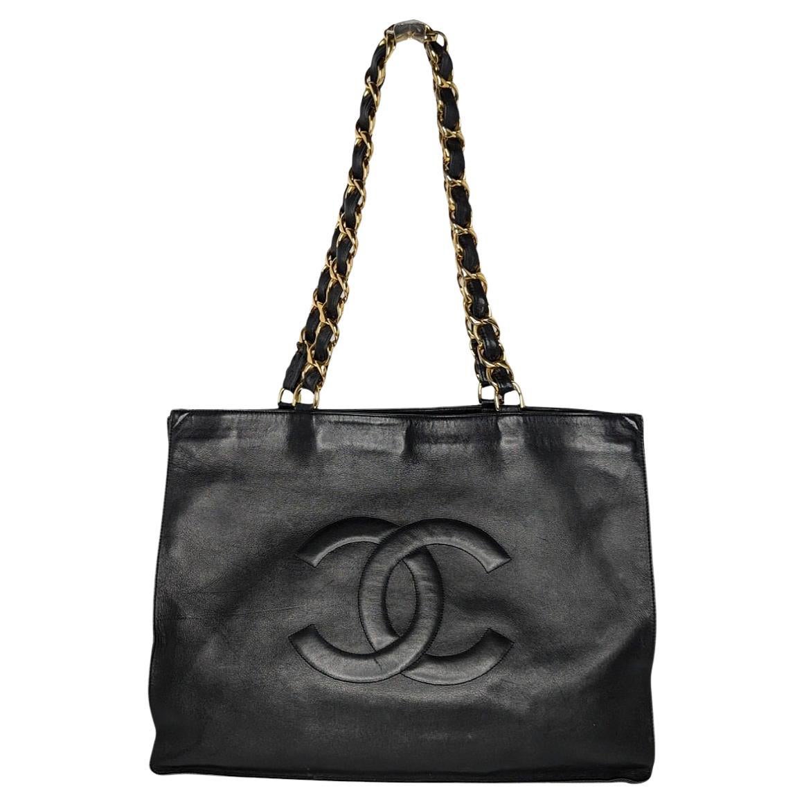 Chanel 90s Black Calfskin CC Chain XL Shopper Tote For Sale