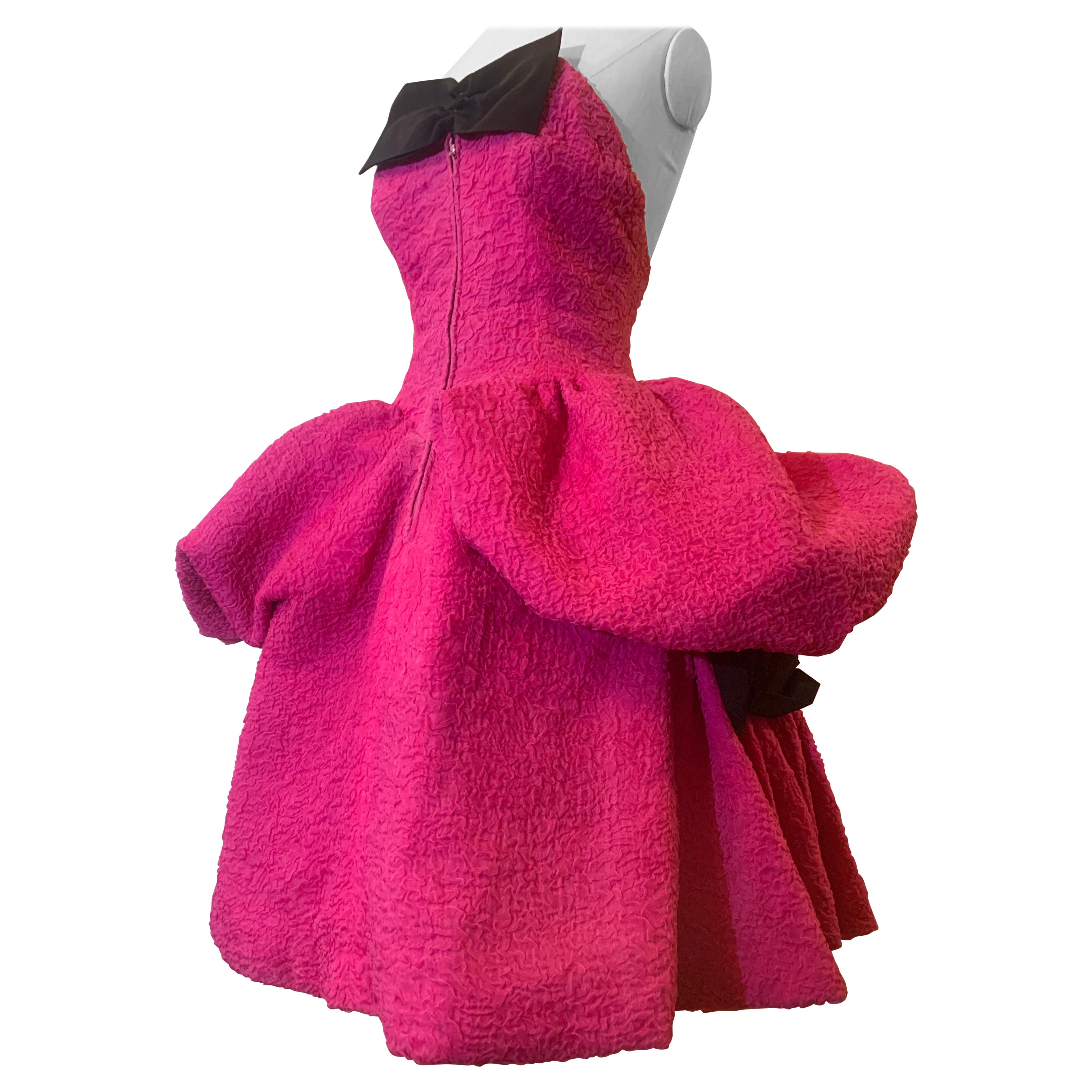 1980s Christian Lacroix Couture Shocking Pink Silk Matelassé Strapless Dress For Sale