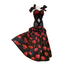 Torso Creations Poppy Print Merry Widow Gown w Ruffled Peplum & Bow Armbands