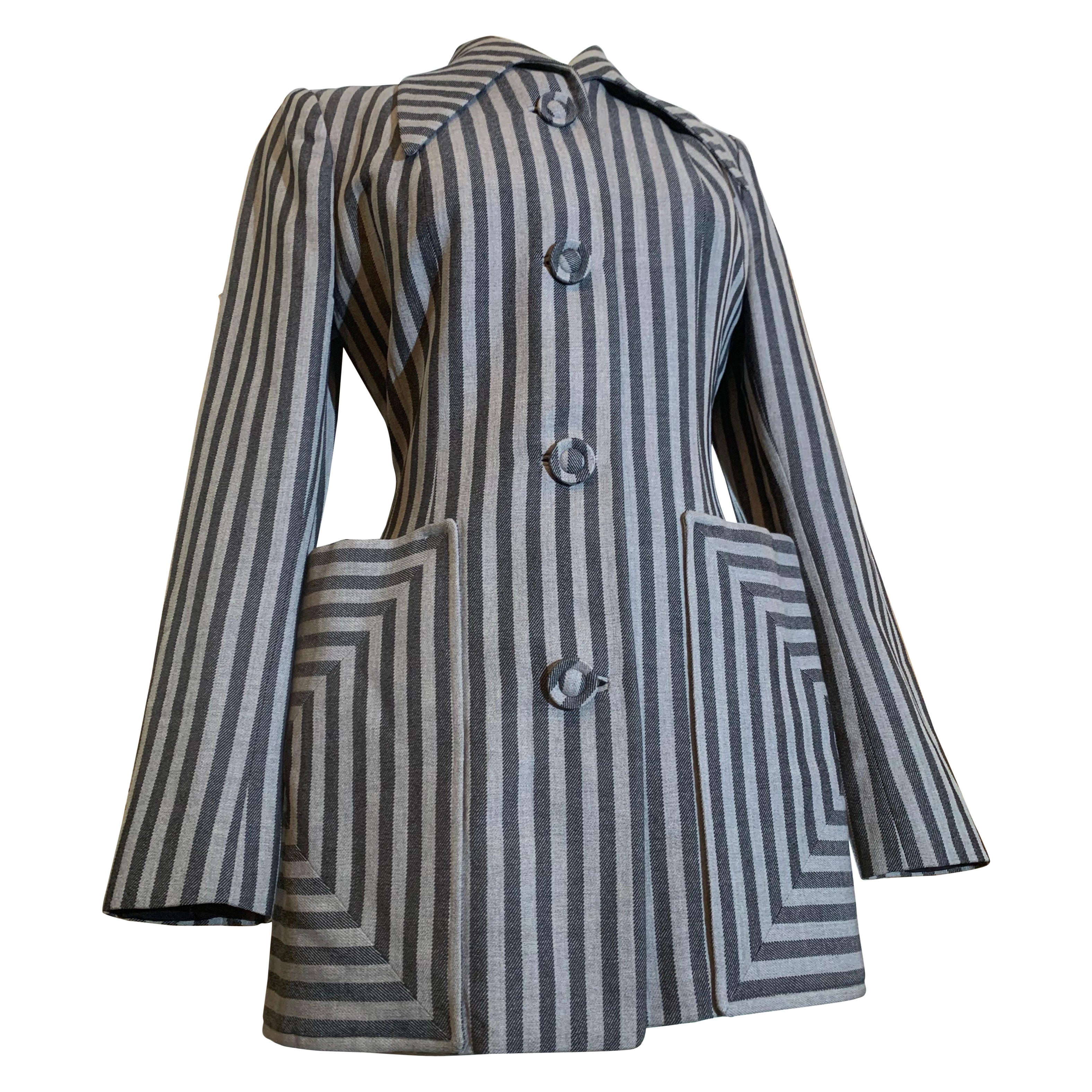 1940s Stunning Gray on Gray Mitered Chalk Striped Jacket w Graphic Detailing For Sale
