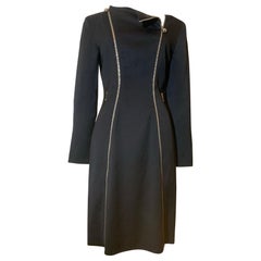1990 Claude Montana Gabardina negra de lana Vestido ajustado con cremallera cromada