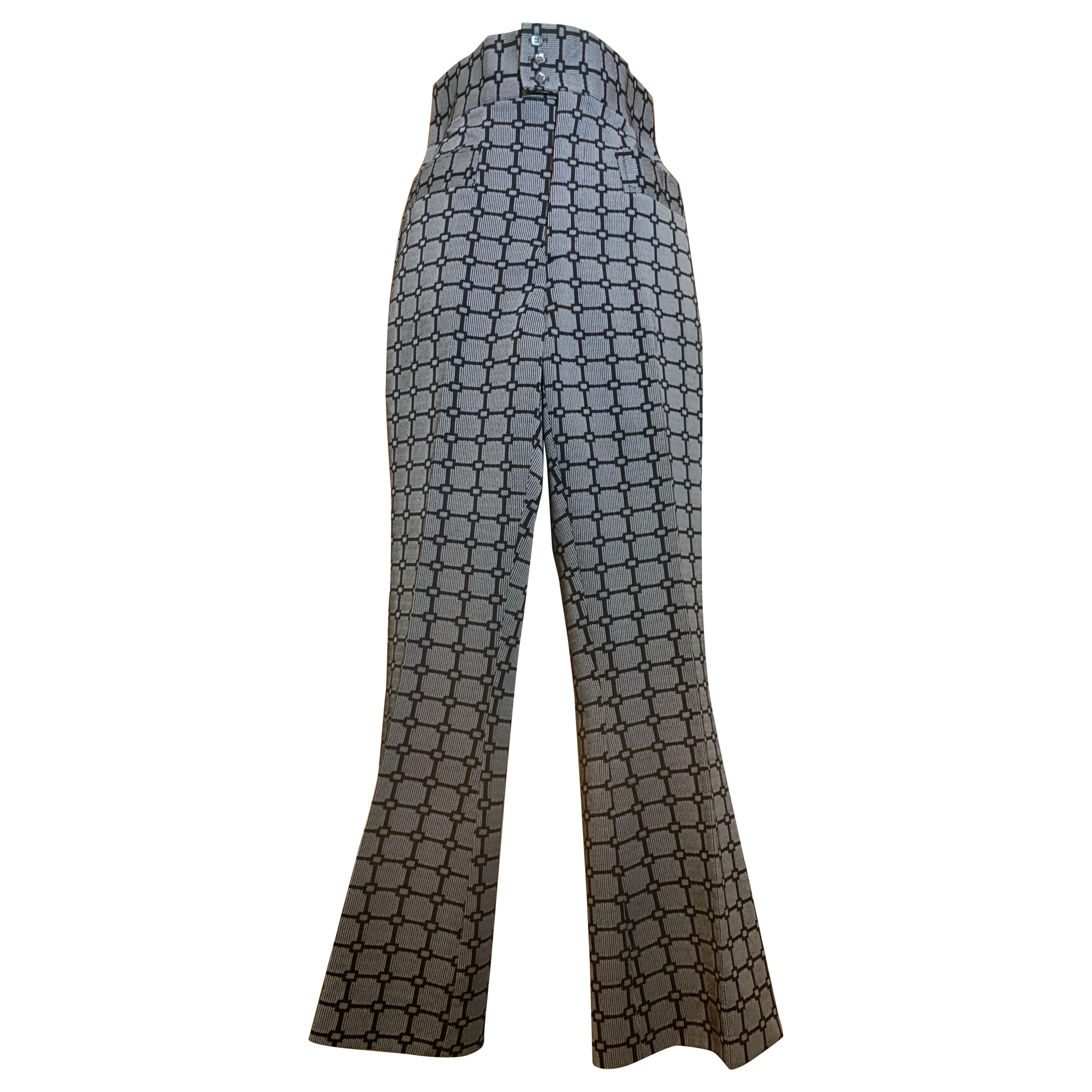1970er Schlaghosen mit hohem Kummerbund und hoher Taille aus Polyester-Strick Schwarz & Grau Disco-Hosen im Angebot