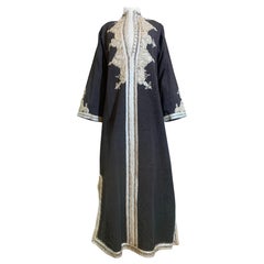 Traditional Moroccan Caftan in Black Moiré w Incredible Braid Work at Neckline