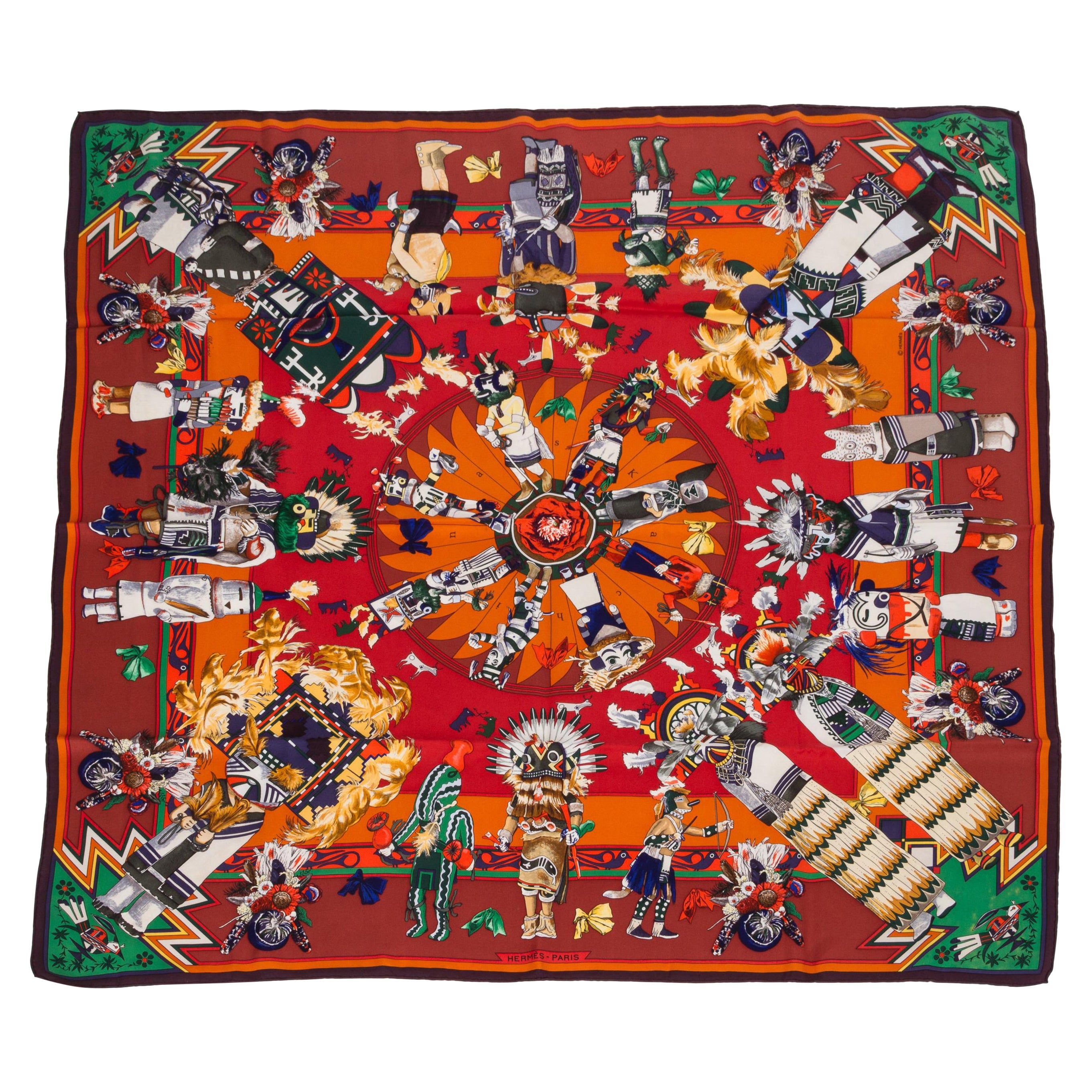 Hermès Rust Kachinas Silk Scarf Kermit Oliver For Sale