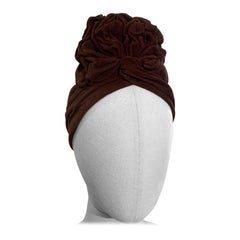 1940s Chocolate Brown Chenille Velvet Ruched Crown Peaked Turban