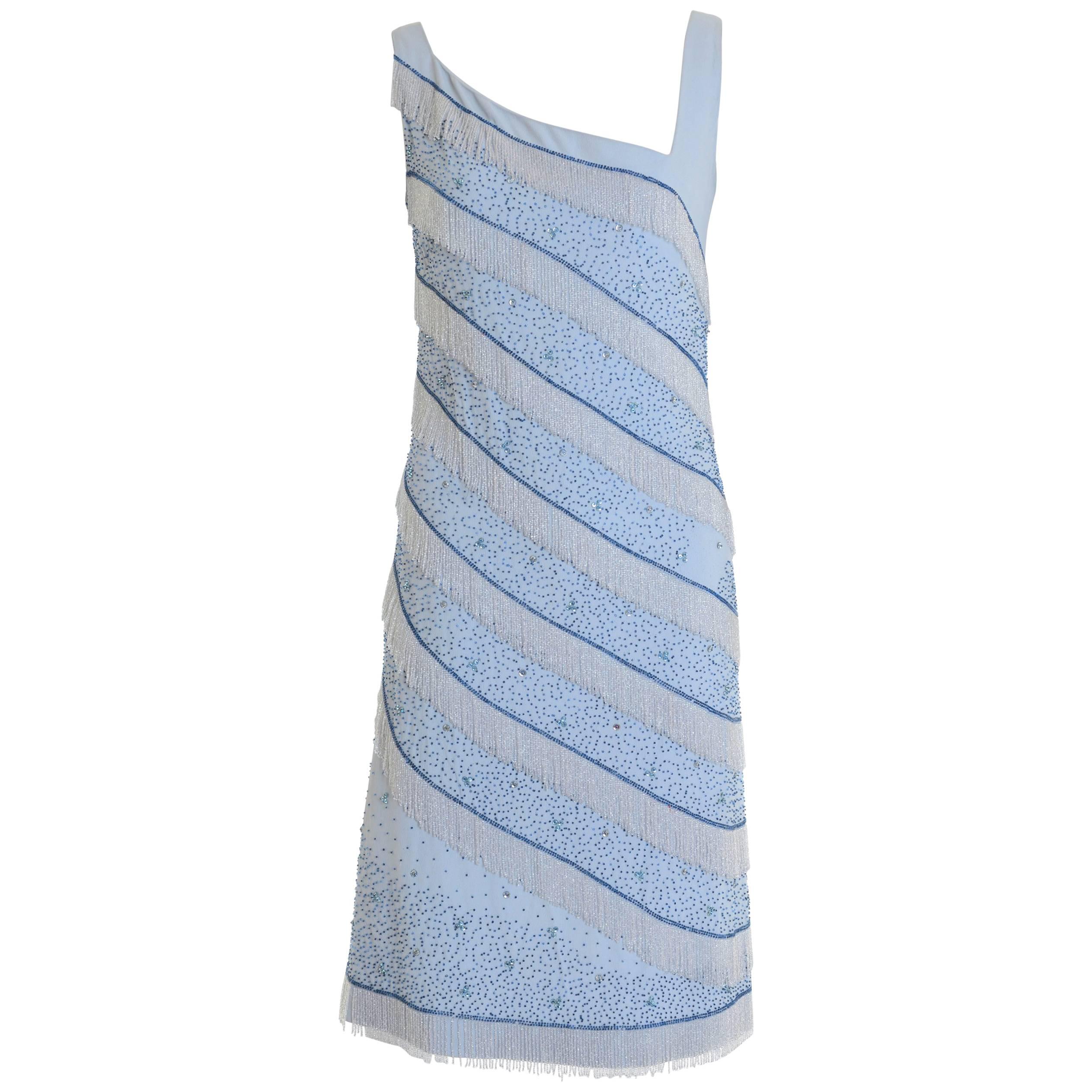 1960s Italian Couture Light Blue Beadeds Fringe Mod Cocktail Dress For Sale