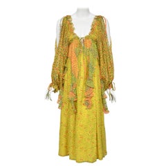 1971 Ossie Clark Yellow Celia Birtwell Print Silk Cut-Out Sleeves Bohemian Dress