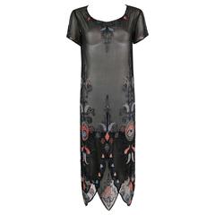 COUTURE c.1920's Black Silk Georgette Floral Glass Beaded Flapper Evening Dress