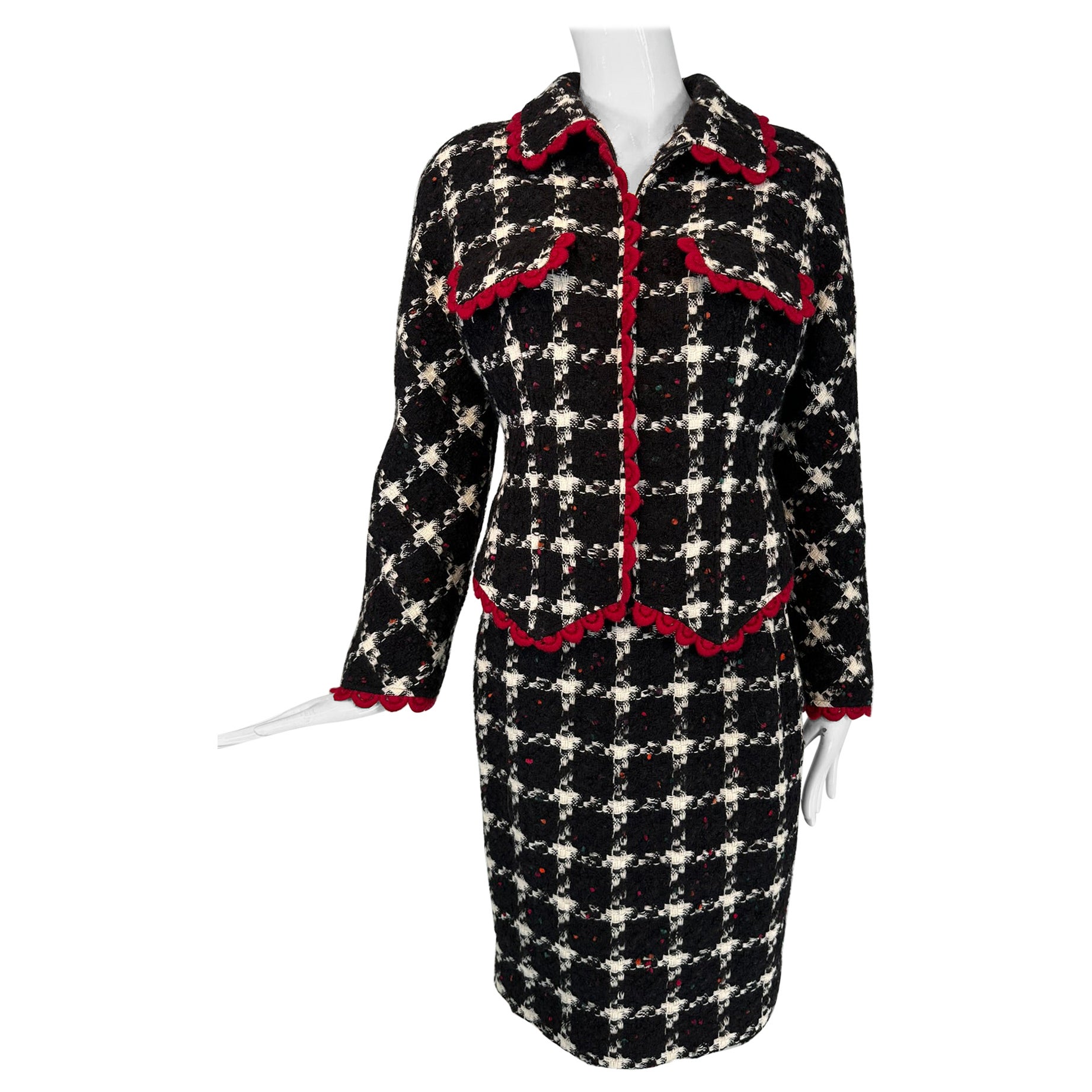 Valentino Black & White Check Red Crochet Trim Zipper Front Jacket Skirt Suit 44 For Sale