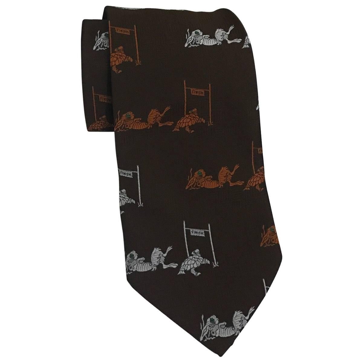 Schiaparelli Brown Tortoise and The Hare Wide Tie Necktie, 1970s 