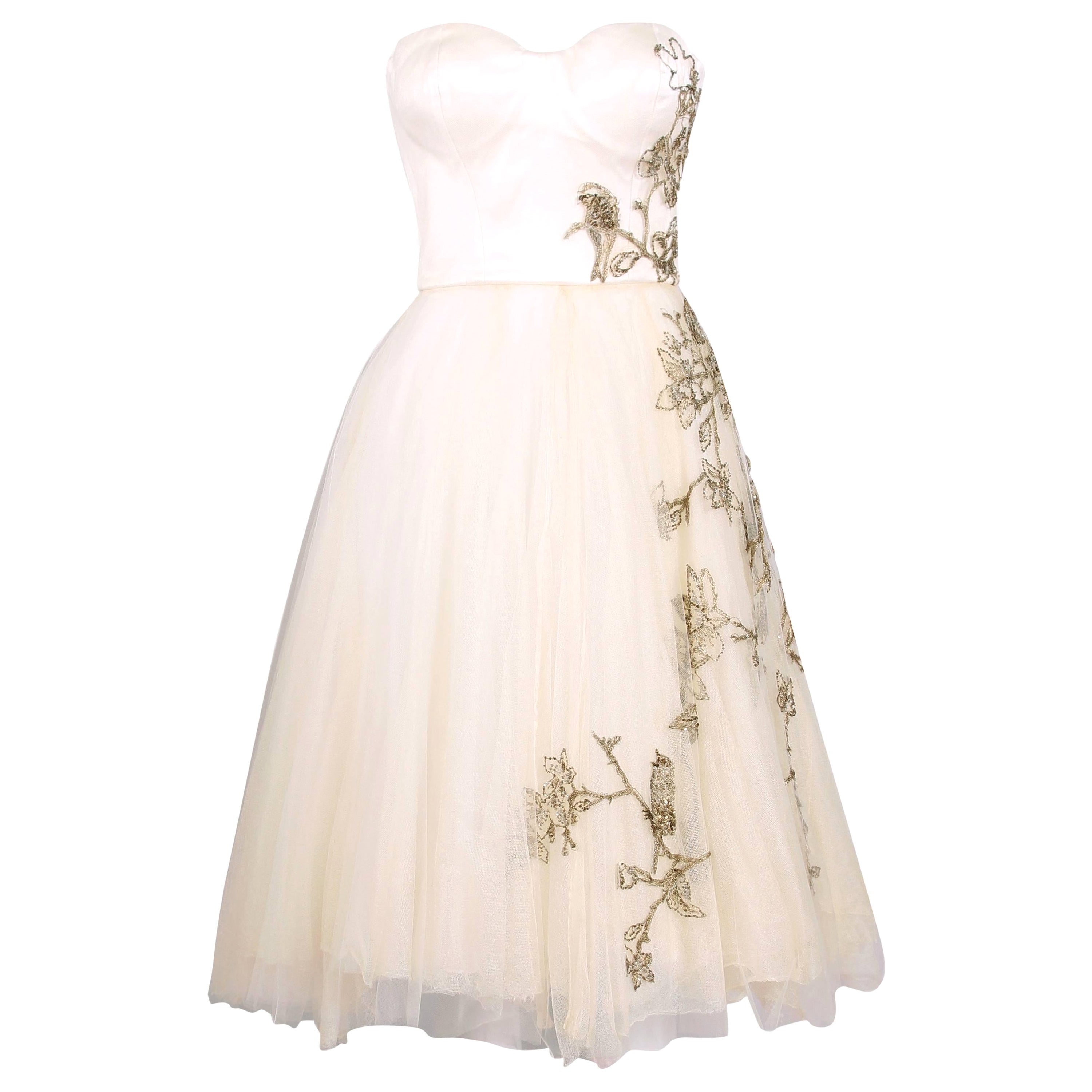 2008 F/W Alexander McQueen Gold Embroidered Strapless Tulle & Satin Dress For Sale