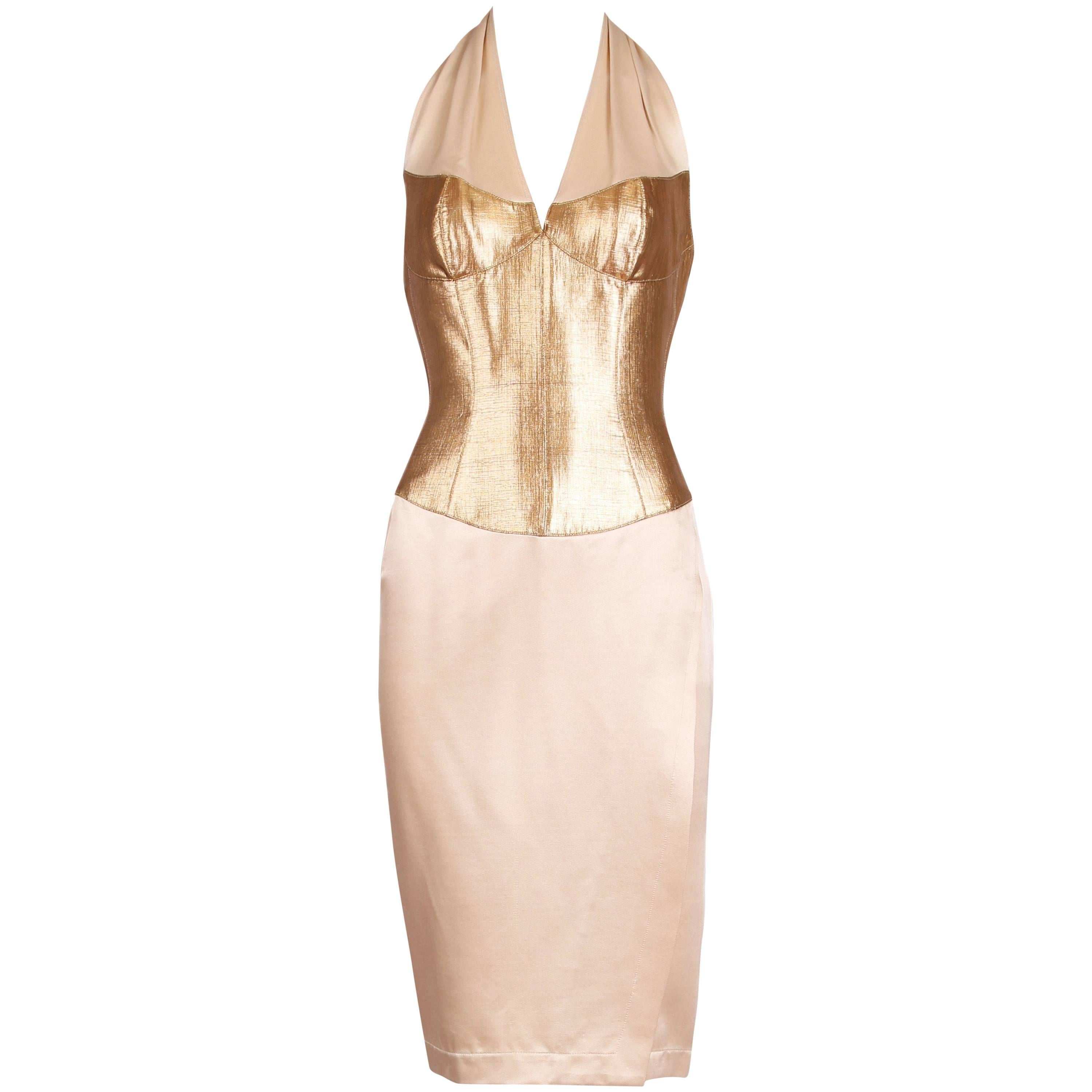 Thierry Mugler Silk Halter Dress W/Gold Bodice 
Creme Colored Faux-Wrap Skirt