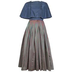 1983 Madame Gres Blue Striped Taffeta Cocktail Dress W/Cropped Cape 4