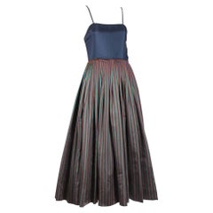 1983 Madame Gres Haute Couture Blue & Striped Taffeta Cocktail Dress W/Capelet