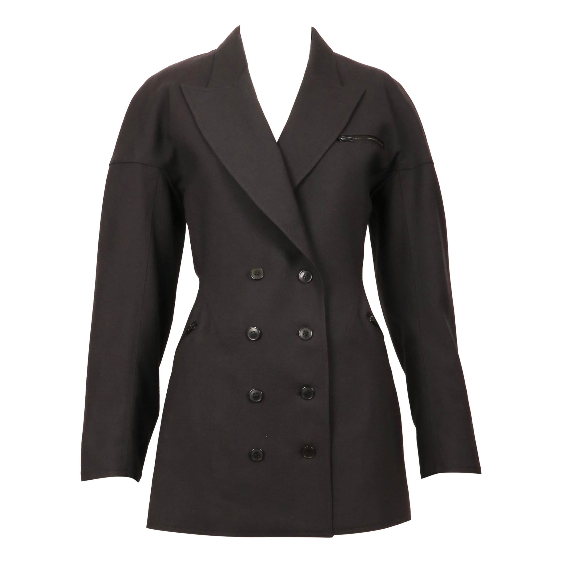 1986 AZZEDINE ALAIA Veste RUNWAY en gabardine de laine anthracite avec couture dans le dos