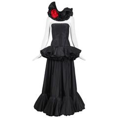 Lanvin Demi-Couture Black Silk Taffeta Strapless Gown W/Rose Neck Piece Ca.1979 4