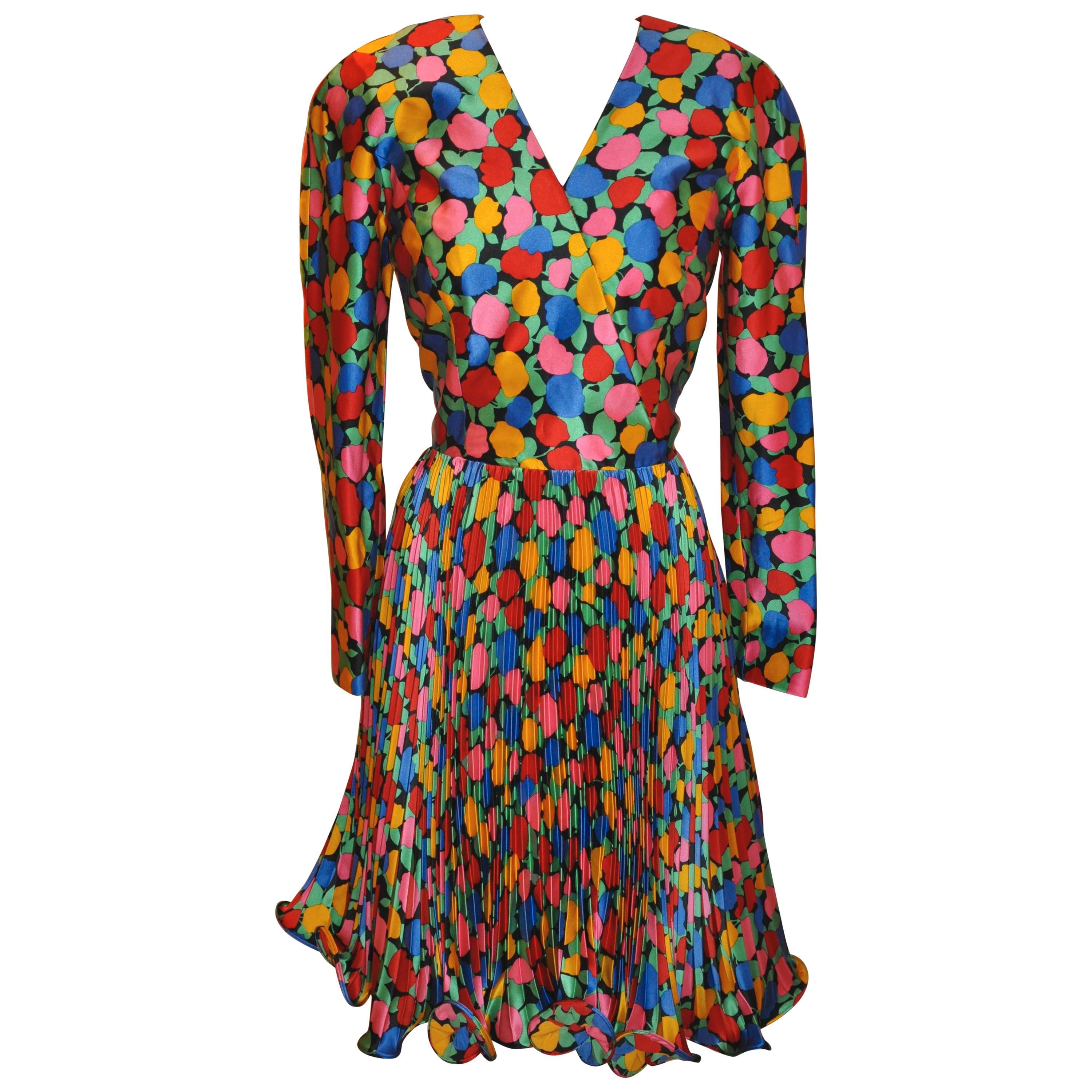 Scaasi Multi-Color Floral "Swirl" Silk Dress