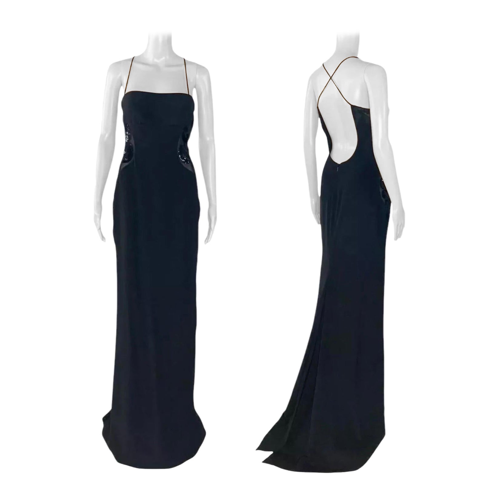 2011 Vintage Versace Black Paillete Detail and Open Back Silk Long Gown Dress For Sale