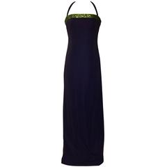 Gianni Versace Couture 1990s Purple Sparkle Halter Gown with Green Beading 5