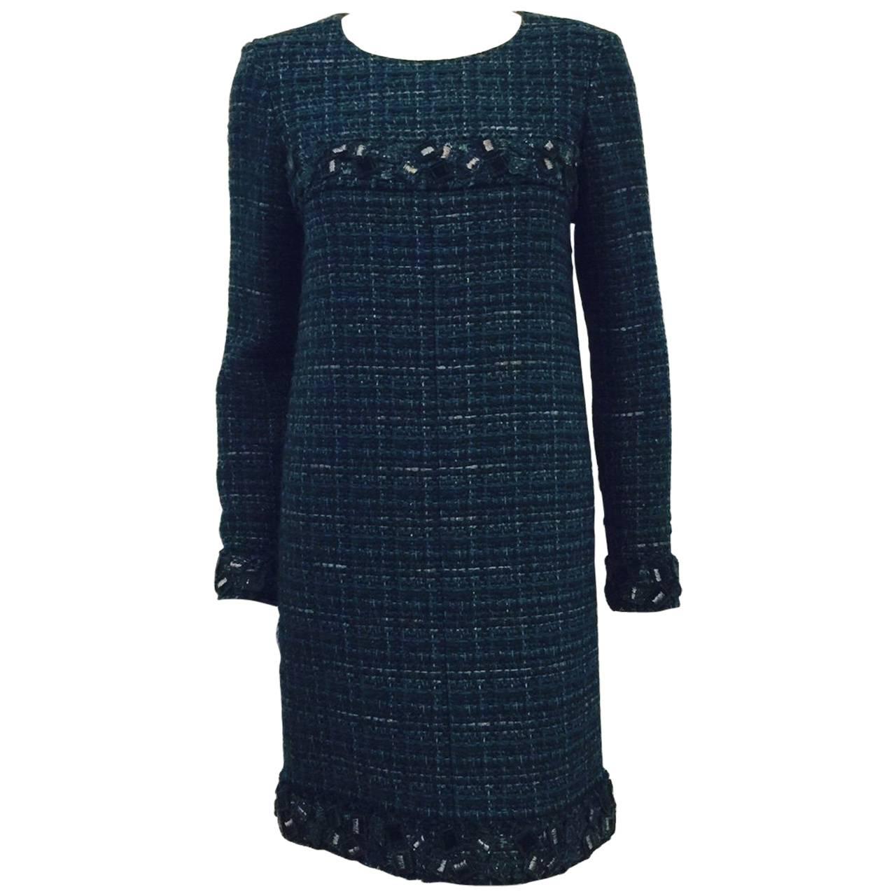 Chanel 2012 Fall Green and Blue Tweed Long Sleeve Sheath Dress With Tags 38 For Sale