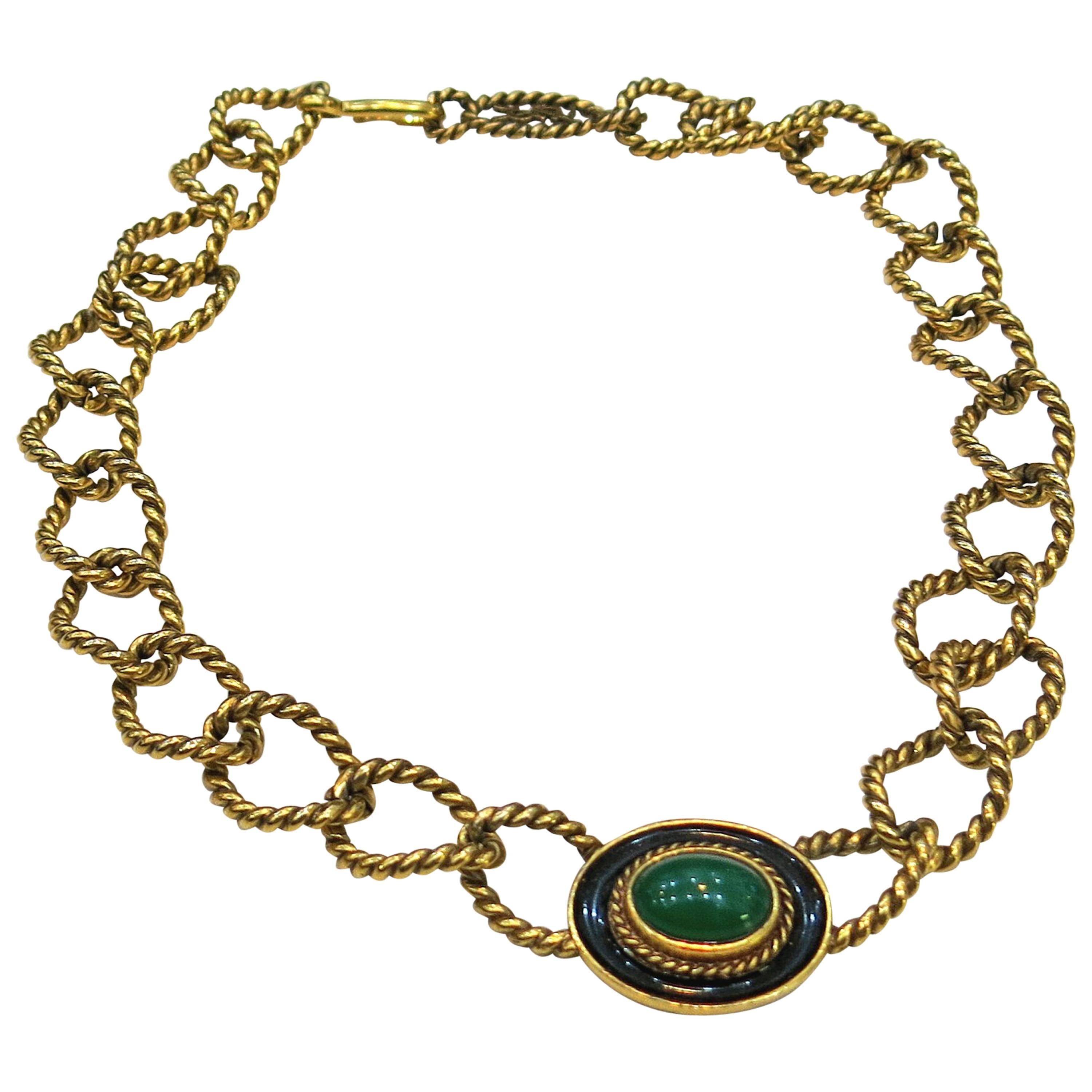 Yves St. Laurent YSL Braided Green Cabochon Chain necklace For Sale