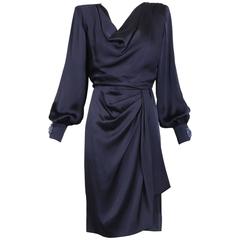 Vintage Givenchy Haute Couture Midnight Blue Silk Faux Wrap Dress No. 78026 5