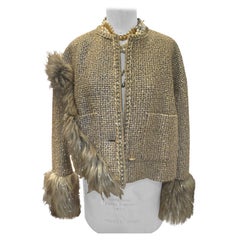2021 Pre Fall CHANEL by Virginie Viard Faux Fur Trim Lamé Jacket, Size 40