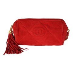 Chanel Vintage Red Suede Diamond Stitch Tassel Barrel Clutch