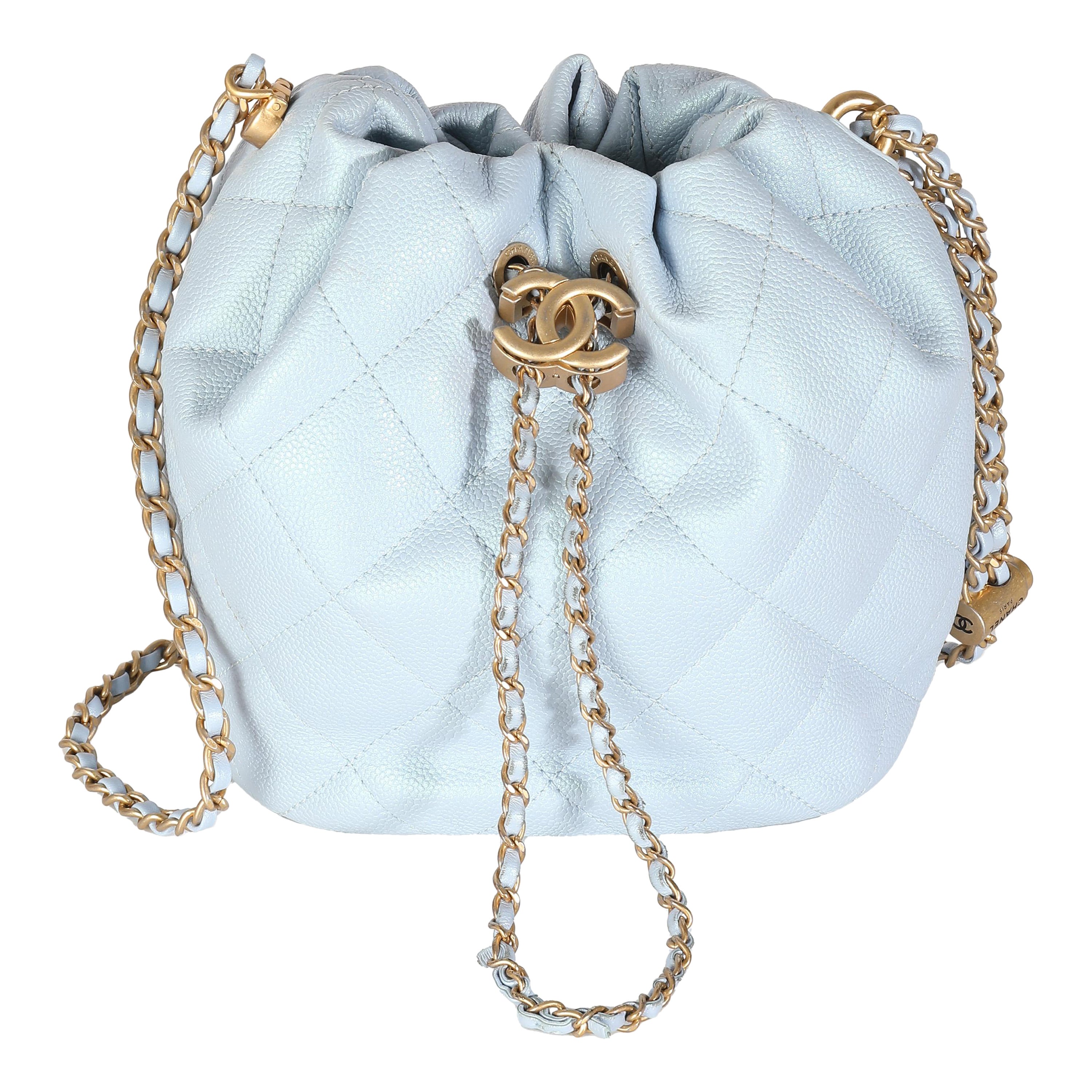 Chanel Light Blue Iridescent Quilted Caviar My Perfect CC Drawstring Handbag For Sale