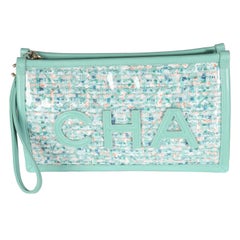 Chanel Green Tweed PVC Lambskin Chanel Logo Wristlet Pouch