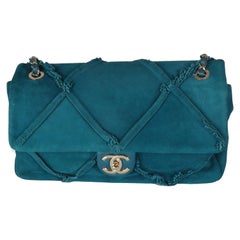 Chanel Teal Suede Goatskin Diamond Fringe Medium Flap Bag