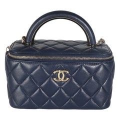 Chanel Navy Quilted Lambskin Top Handle Vanity Case With Chain