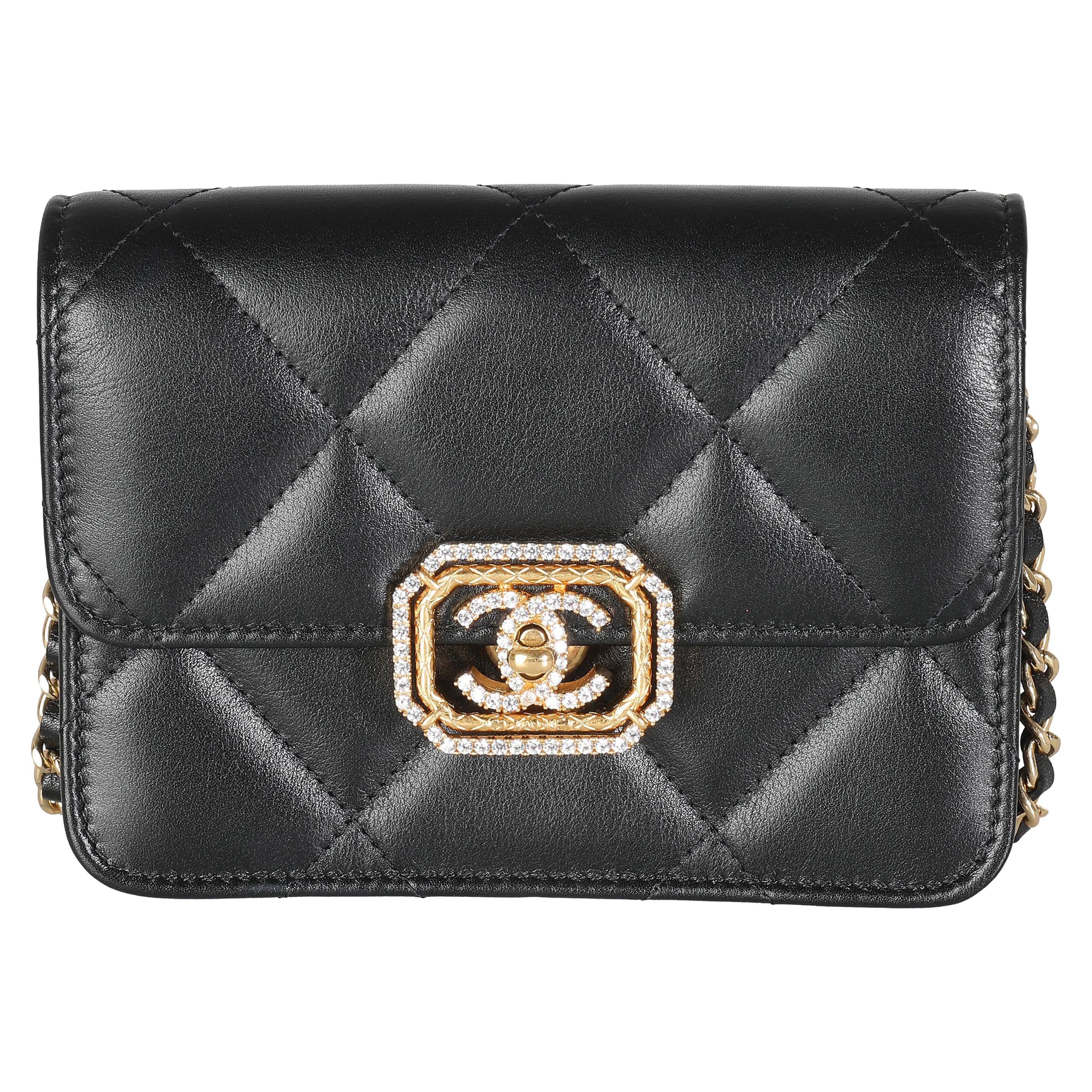 Chanel Black Quilted Calfskin Strass Mini Flap Bag For Sale