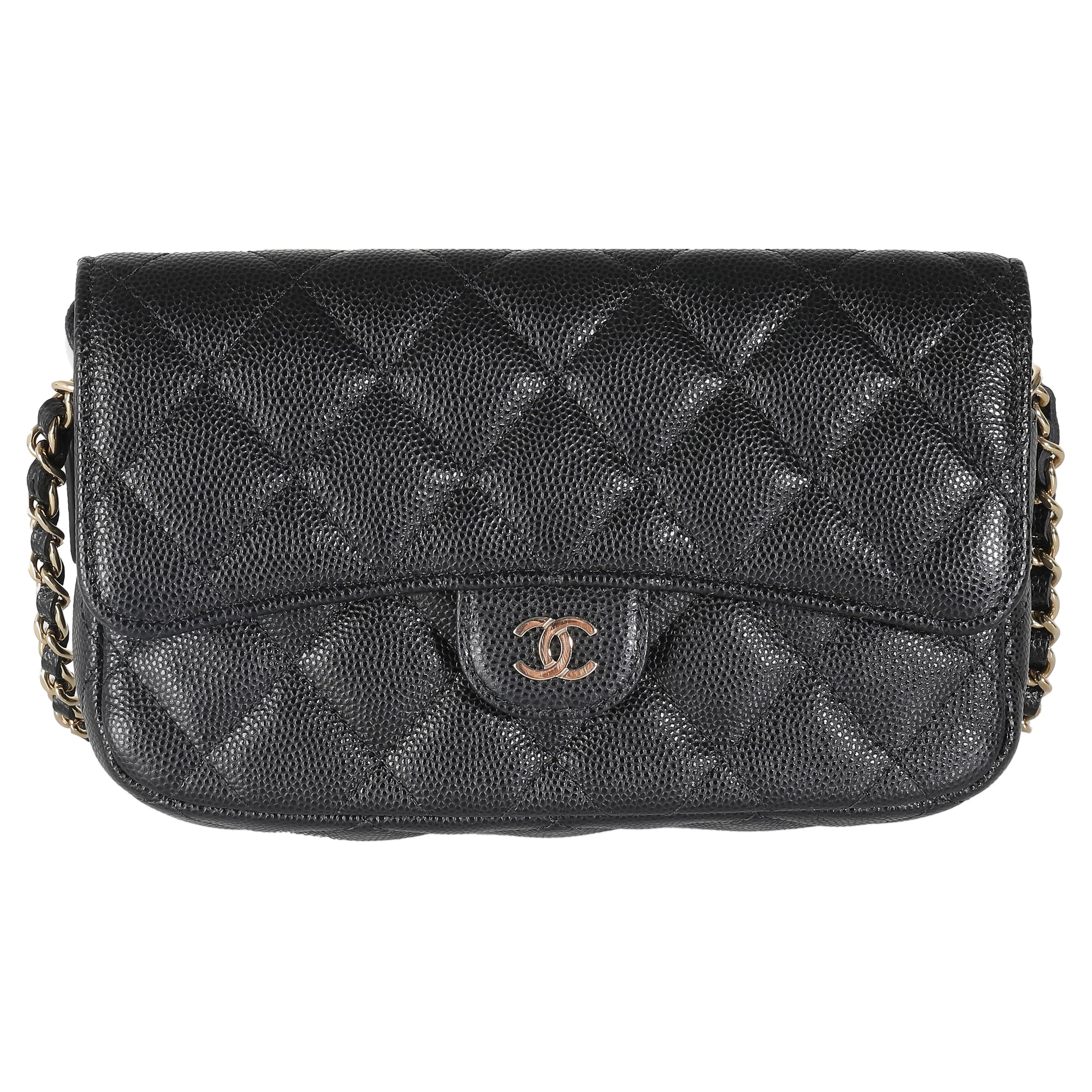 Chanel Black Quilted Caviar Flap Phone Handbag With Chain For Sale