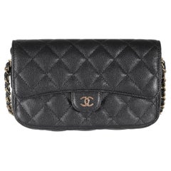 Chanel Negro Acolchado Caviar Solapa Teléfono Bolso Con Cadena