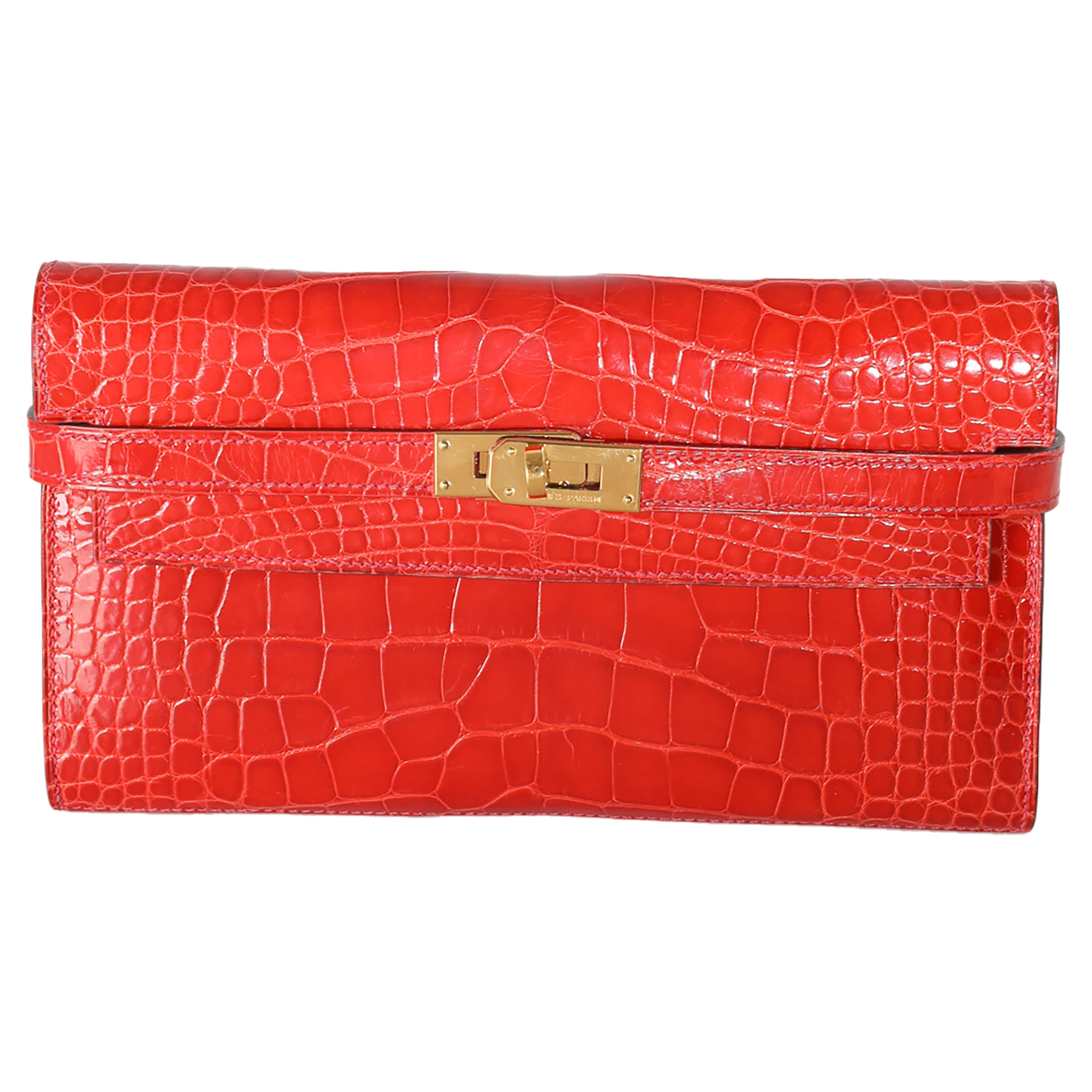 Hermès Geranium Alligator Mississippiensis Kelly Wallet GHW For Sale