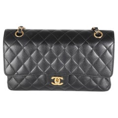 Chanel Borsa doppia patta classica trapuntata nera in caviale medio