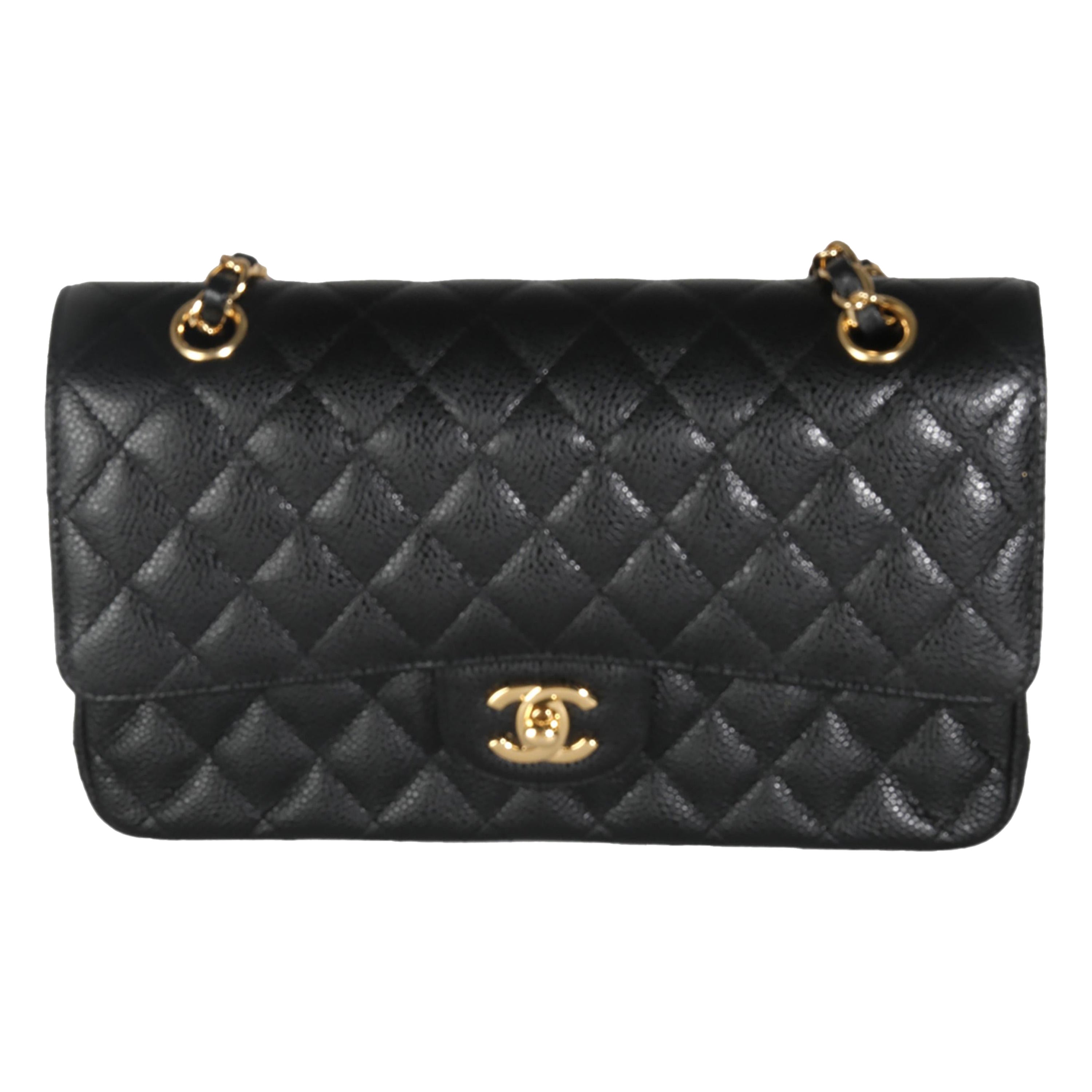 Chanel Schwarze gesteppte Kaviar Medium Classic Double Flap Handtasche in Schwarz