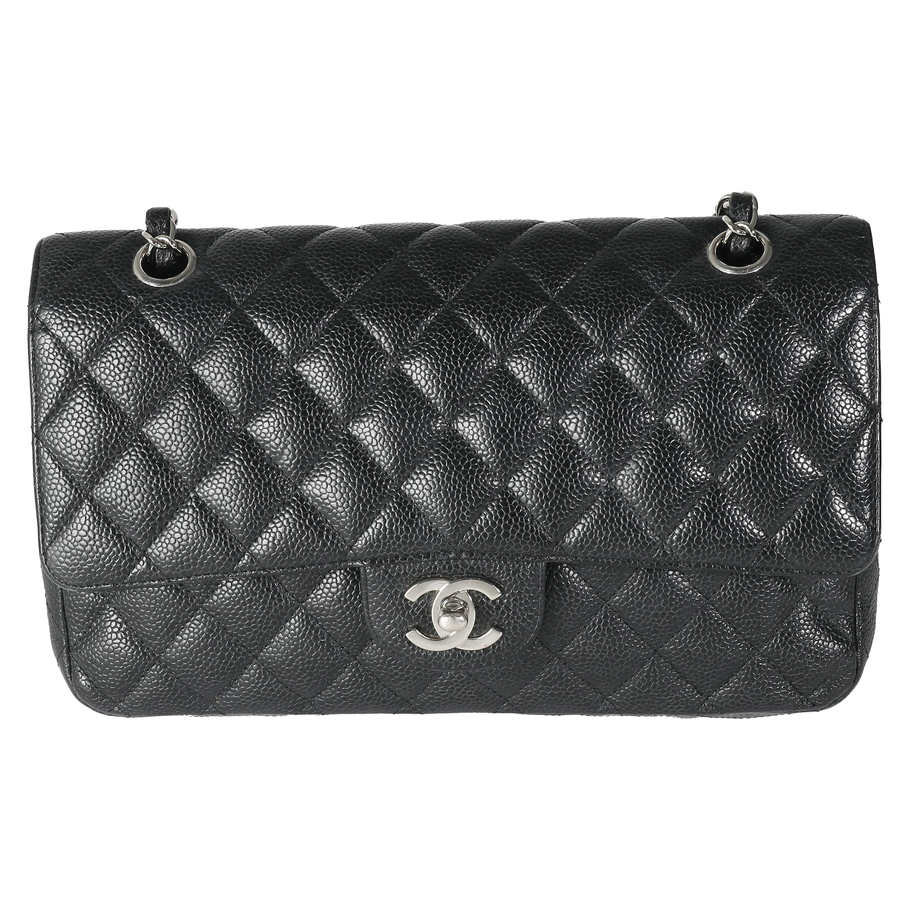 Chanel Black Quilted Caviar Medium Classic Double Flap Handbag For Sale
