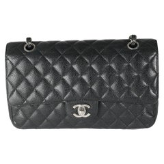 Chanel Borsa doppia patta classica trapuntata nera in caviale medio