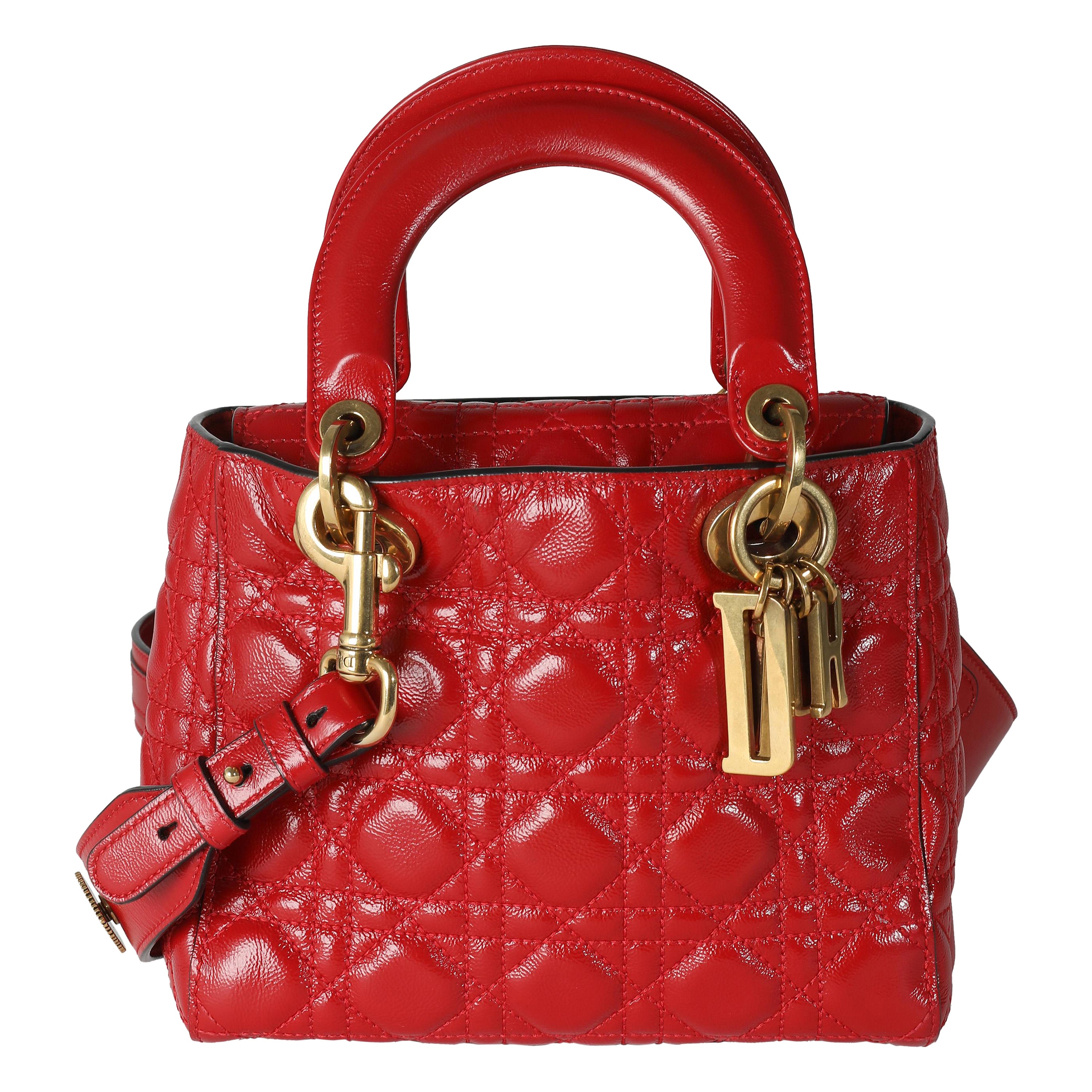 Christian Dior Red Crinkled Patent Cannage Small Lucky Badges My Lady Dior For Sale