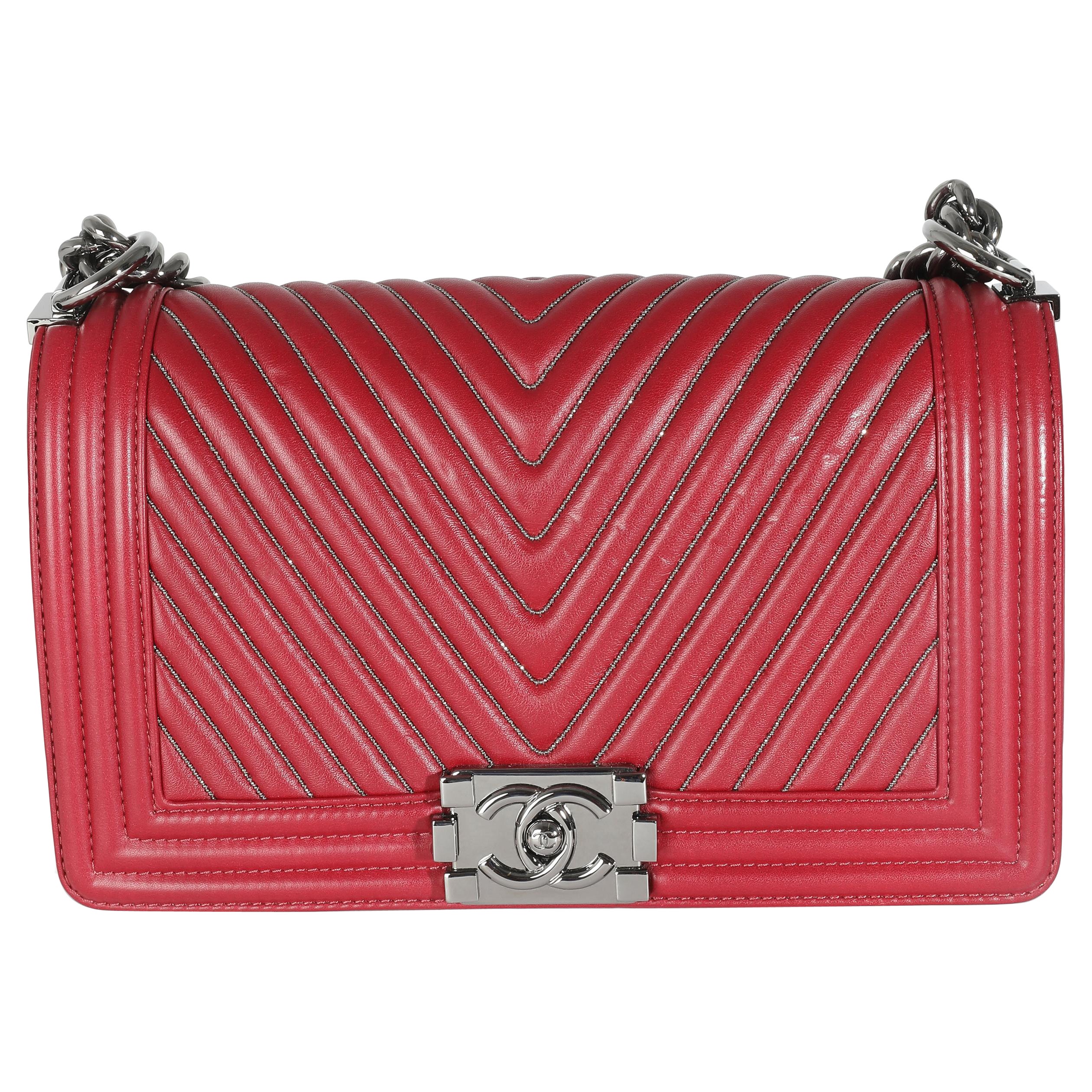 Chanel Burgundy Chevron Calfskin Chain Medium Boy Bag