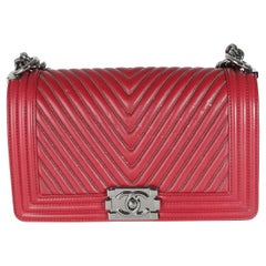 Chanel Burgundy Chevron Calfskin Chain Medium Boy Bag