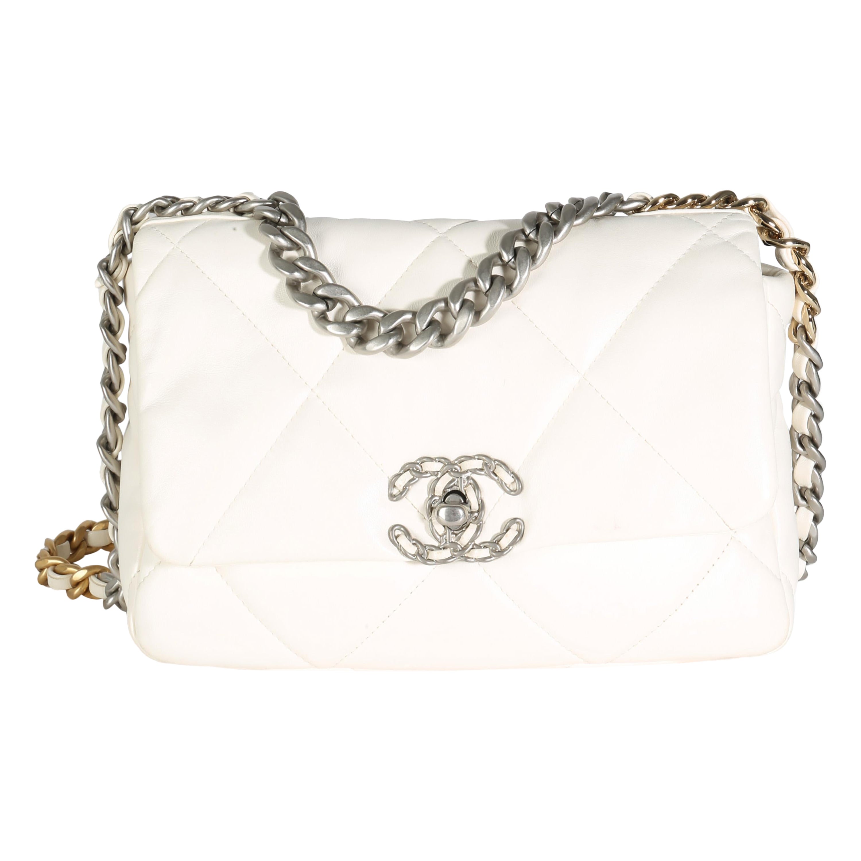 Chanel White Quilted Lambskin Small Chanel 19 Flap Bag For Sale