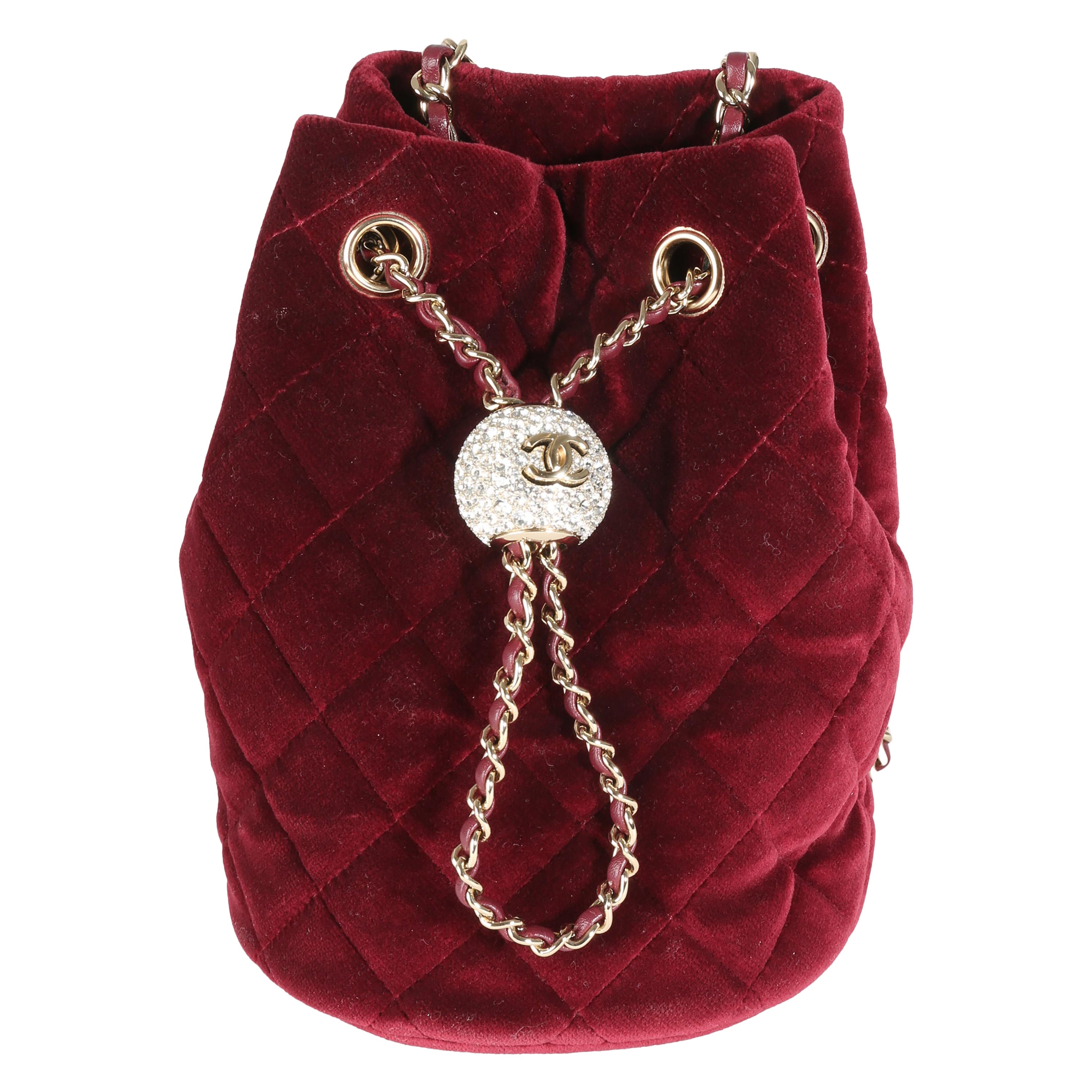 Chanel Burgundy Quilted Velvet CC Pearl Crush Bucket Bag For Sale