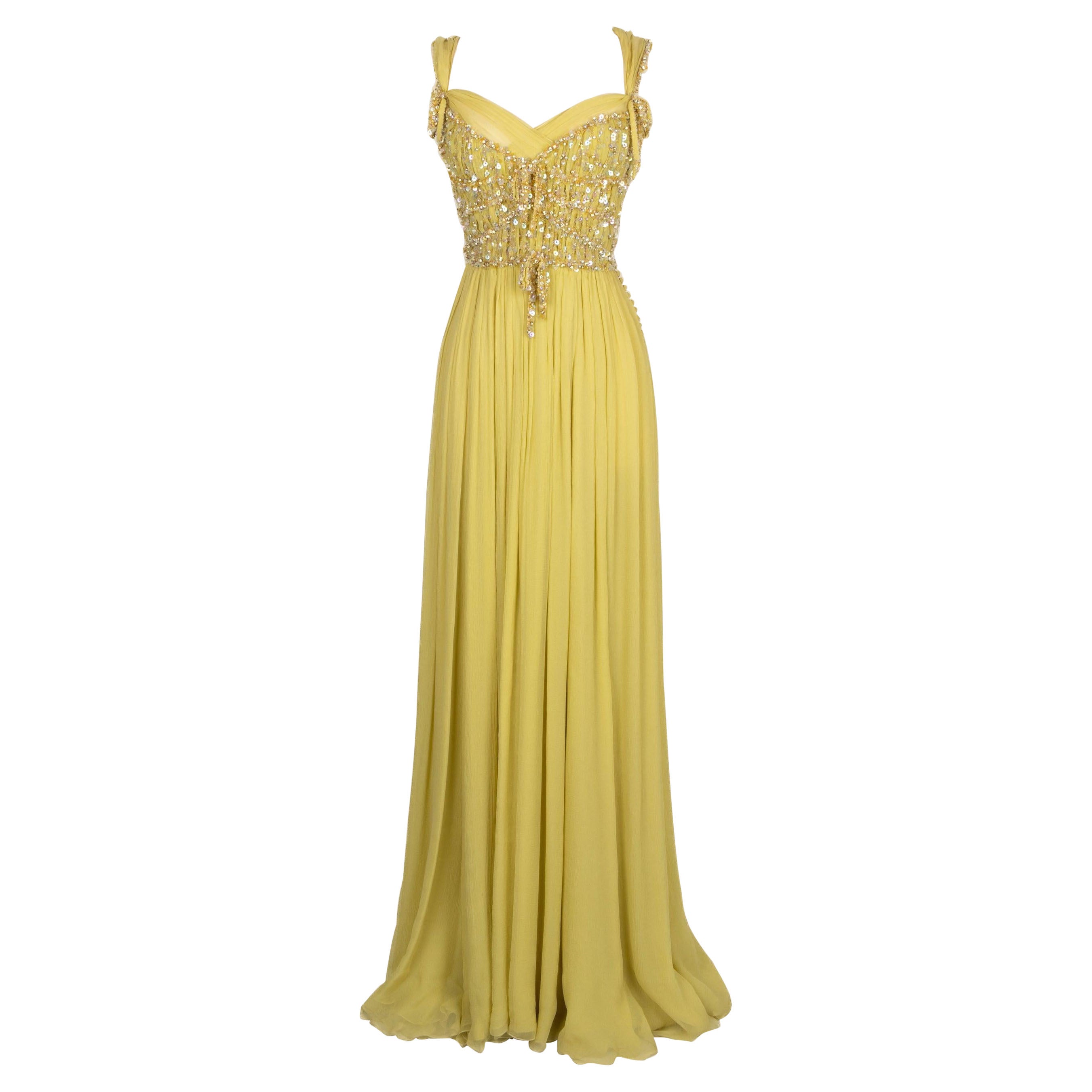 Dior Embroidered Long Yellow Silk Muslin Dress Resort, 2011 For Sale