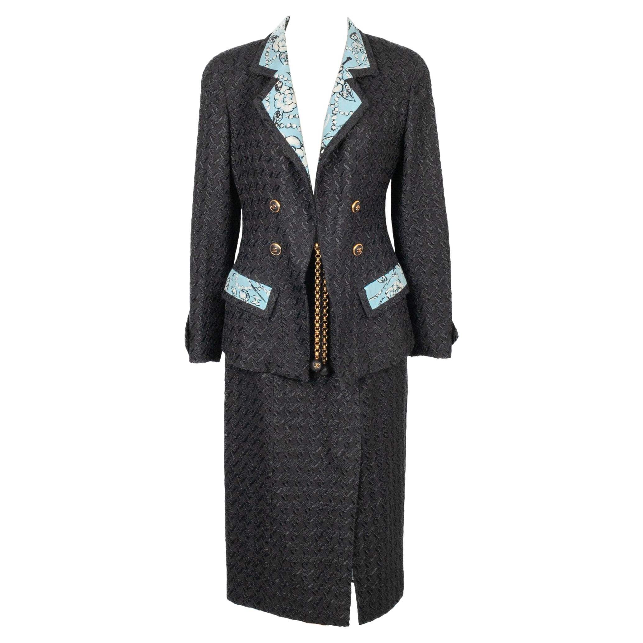 Chanel Black Tweed Skirt Suit Spring, 1993 For Sale